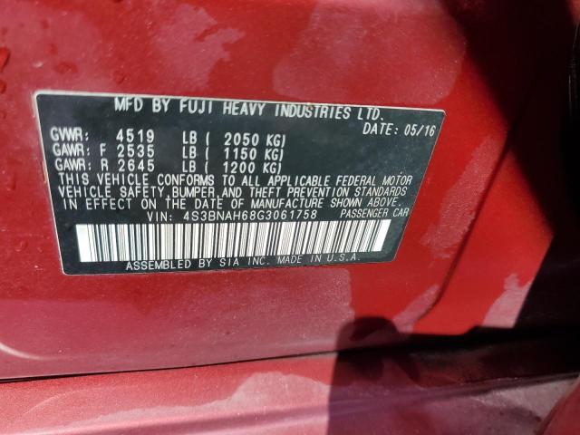 4S3BNAH68G3061758 - 2016 SUBARU LEGACY 2.5I PREMIUM RED photo 12