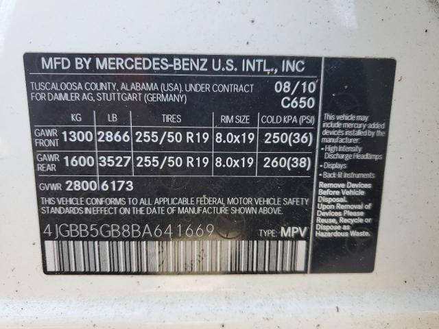 4JGBB5GB8BA641669 - 2011 MERCEDES-BENZ ML 350 WHITE photo 13