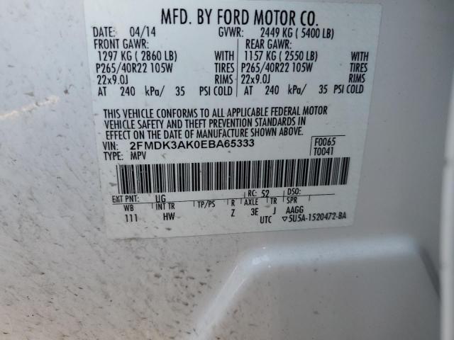 2FMDK3AK0EBA65333 - 2014 FORD EDGE SPORT WHITE photo 12