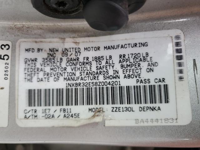 1NXBR32E58Z004201 - 2008 TOYOTA COROLLA CE SILVER photo 12