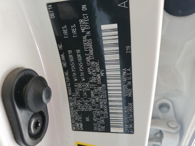 5TDKKRFH0ES030138 - 2014 TOYOTA HIGHLANDER XLE WHITE photo 13