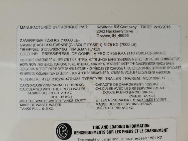 4YDF31624H4701481 - 2017 KEYSTONE MONTANA BEIGE photo 10