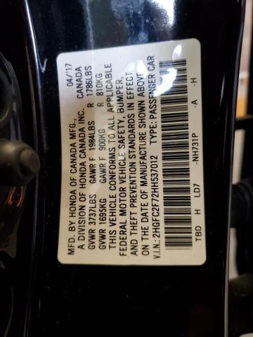 2HGFC2F72HH537012 - 2017 HONDA CIVIC EX BLACK photo 12