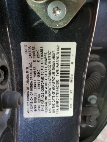 2HGFC1F72HH653305 - 2017 HONDA CIVIC EXL GRAY photo 12