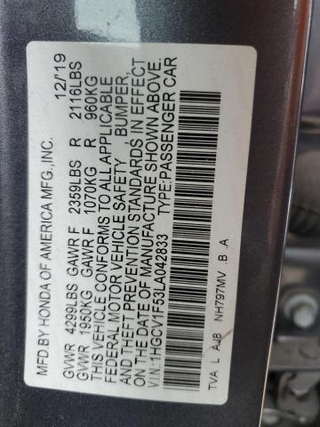 1HGCV1F53LA042833 - 2020 HONDA ACCORD EXL GRAY photo 12