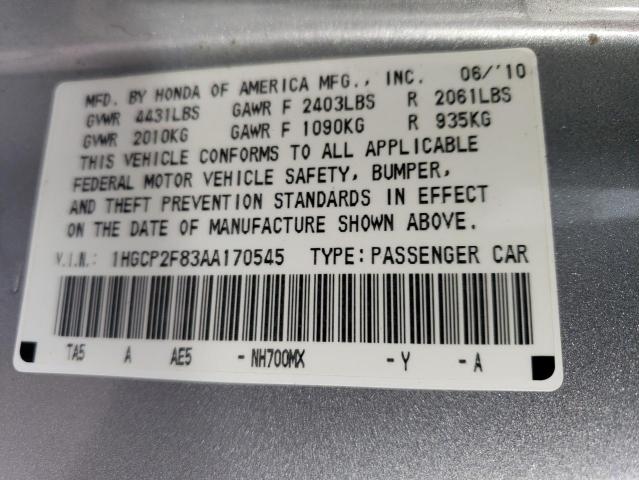 1HGCP2F83AA170545 - 2010 HONDA ACCORD EXL SILVER photo 12