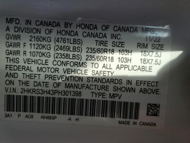 2HKRS3H43PH301398 - 2023 HONDA CR-V EX WHITE photo 12