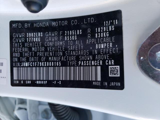 JHMFC1F79KX008165 - 2019 HONDA CIVIC EXL თეთრი ფოტო 12