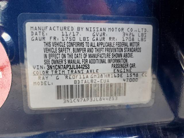 3N1CN7AP3JL844253 - 2018 NISSAN VERSA S BLUE photo 12