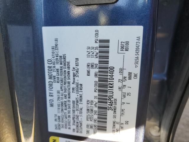 3FA6P0LU1KR104400 - 2019 FORD FUSION SE BLUE photo 12