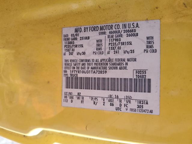 1FTYR10U31TA72859 - 2001 FORD RANGER YELLOW photo 13