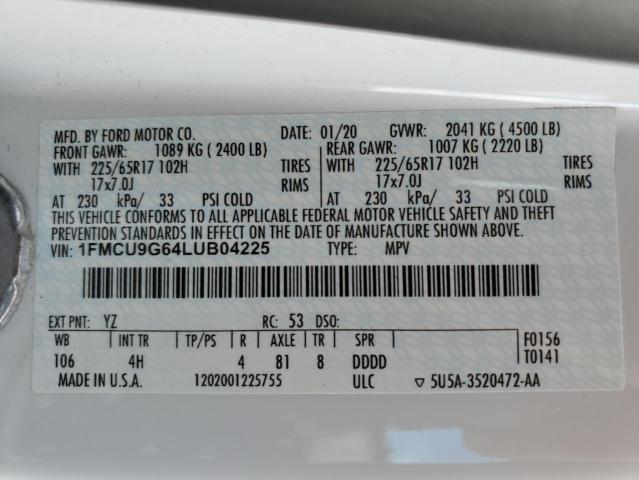 1FMCU9G64LUB04225 - 2020 FORD ESCAPE SE WHITE photo 13