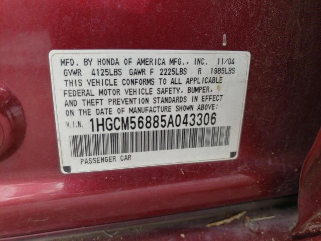 1HGCM56885A043306 - 2005 HONDA ACCORD EX RED photo 12