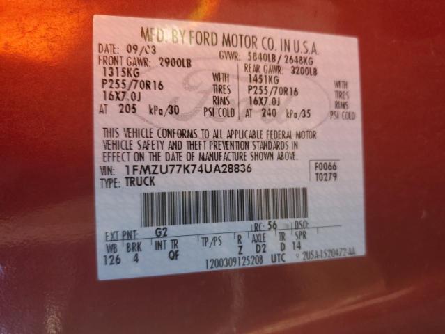 1FMZU77K74UA28836 - 2004 FORD EXPLORER S RED photo 12