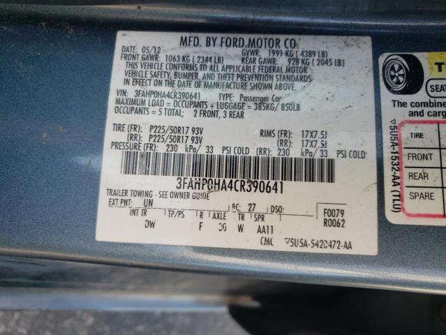 3FAHP0HA4CR390641 - 2012 FORD FUSION SE BLUE photo 12