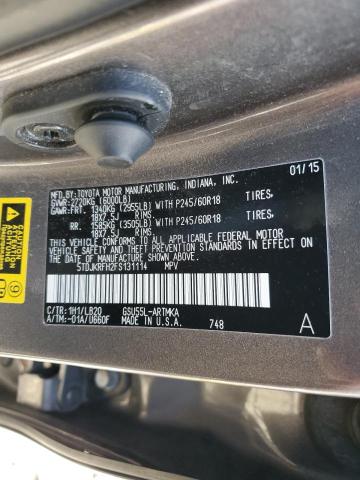 5TDJKRFH2FS131114 - 2015 TOYOTA HIGHLANDER XLE GRAY photo 14