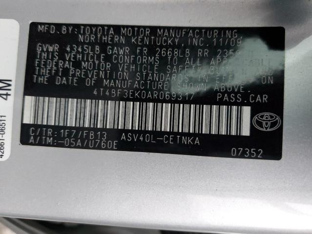 4T4BF3EK0AR069317 - 2010 TOYOTA CAMRY BASE SILVER photo 12