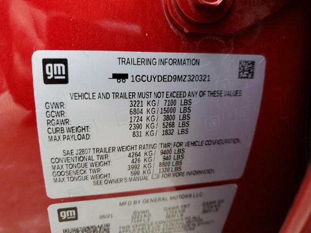 1GCUYDED9MZ320321 - 2021 CHEVROLET SILVERADO K1500 LT RED photo 12