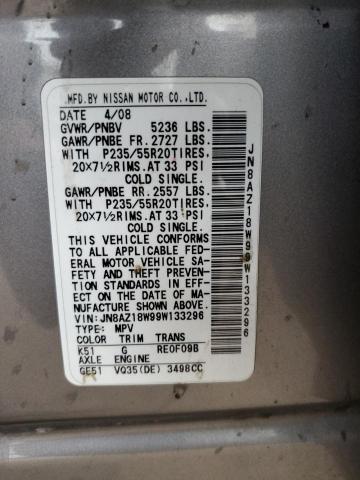 JN8AZ18W99W133296 - 2009 NISSAN MURANO S SILVER photo 13