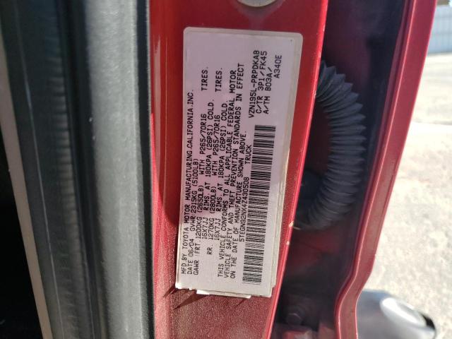 5TEGN92NX4Z430508 - 2004 TOYOTA TACOMA DOUBLE CAB PRERUNNER RED photo 12