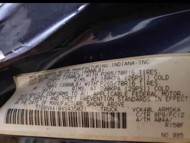 5TBBN44104S435021 - 2004 TOYOTA TUNDRA ACCESS CAB SR5 BLUE photo 12