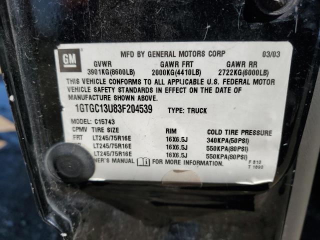 1GTGC13U83F204539 - 2003 GMC SIERRA C1500 HEAVY DUTY BLACK photo 12