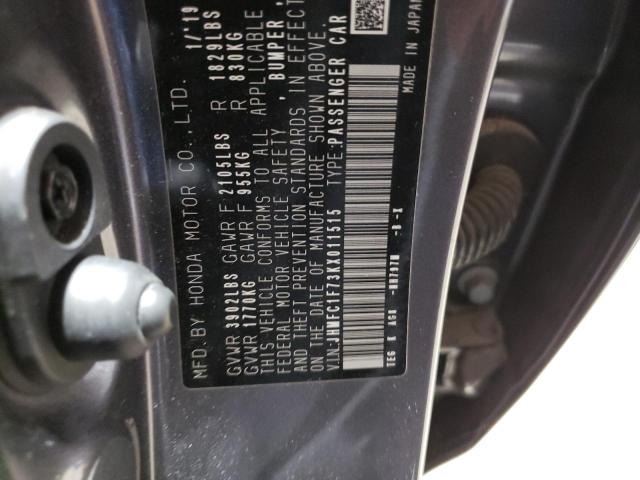 JHMFC1F73KX011515 - 2019 HONDA CIVIC EXL ნაცრისფერი ფოტო 12