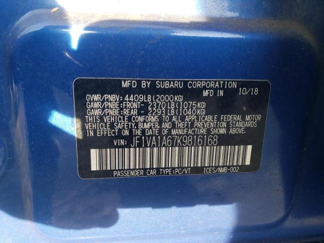 JF1VA1A67K9816168 - 2019 SUBARU WRX BLUE photo 12