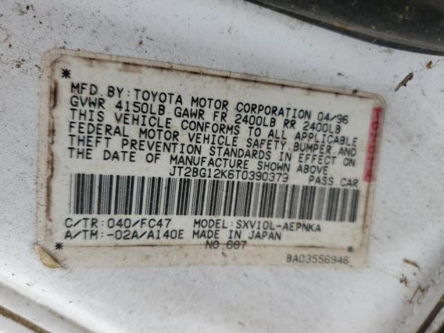 JT2BG12K6T0390379 - 1996 TOYOTA CAMRY DX WHITE photo 12