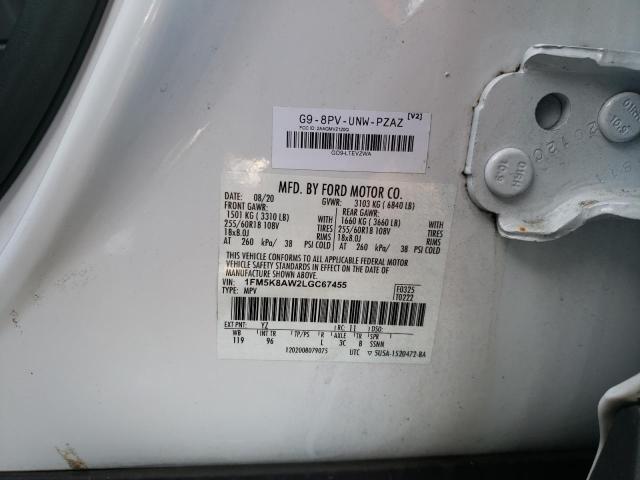 1FM5K8AW2LGC67455 - 2020 FORD EXPLORER POLICE INTERCEPTOR 白色 照片 12