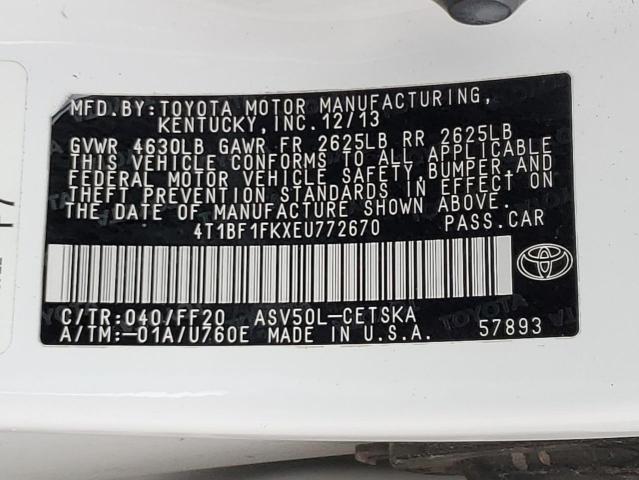 4T1BF1FKXEU772670 - 2014 TOYOTA CAMRY L WHITE photo 13