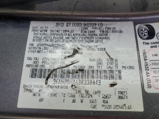 3FAHP0HA6BR338443 - 2011 FORD FUSION SE GRAY photo 12