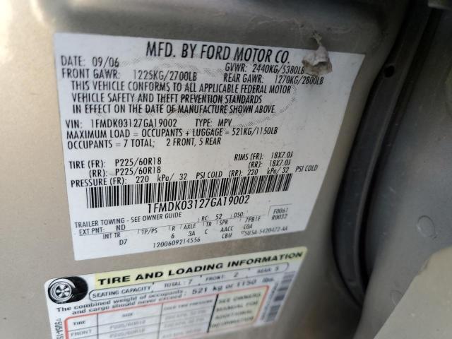 1FMDK03127GA19002 - 2007 FORD FREESTYLE LIMITED GOLD photo 12