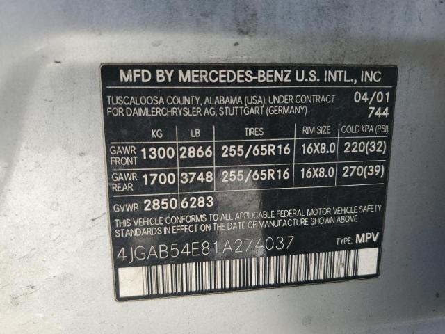 4JGAB54E81A274037 - 2001 MERCEDES-BENZ ML 320 SILVER photo 13