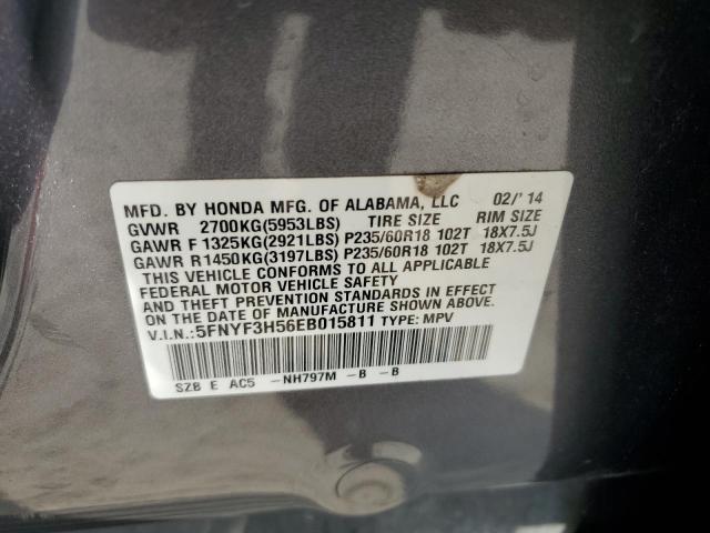 5FNYF3H56EB015811 - 2014 HONDA PILOT EXL GRAY photo 13