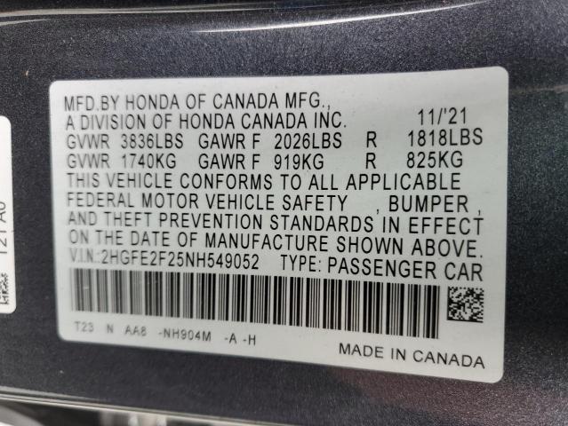 2HGFE2F25NH549052 - 2022 HONDA CIVIC LX GRAY photo 12