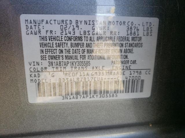 3N1AB7AP1KY305585 - 2019 NISSAN SENTRA S CHARCOAL photo 13