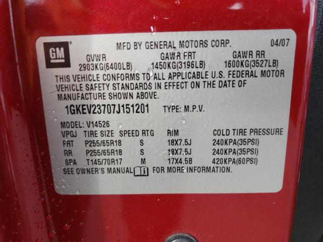 1GKEV23707J151201 - 2007 GMC ACADIA SLT-1 RED photo 13