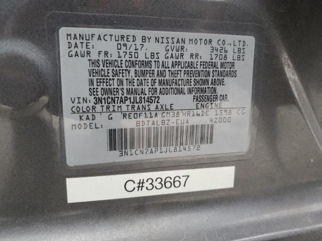 3N1CN7AP1JL814572 - 2018 NISSAN VERSA S GRAY photo 13