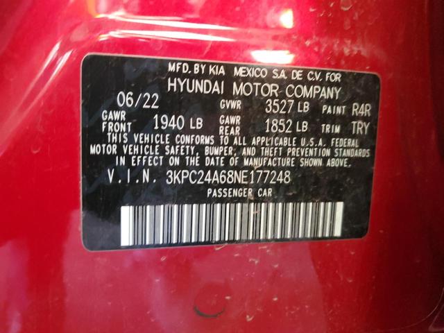 3KPC24A68NE177248 - 2022 HYUNDAI ACCENT SE RED photo 13