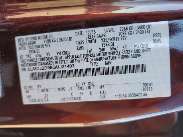 5LMCJ2D98GUJ21403 - 2016 LINCOLN MKC SELECT Burgund zdjęcie 13