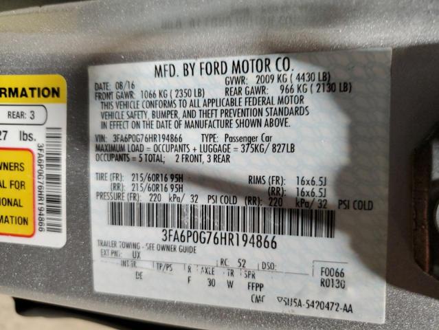 3FA6P0G76HR194866 - 2017 FORD FUSION S SILVER photo 12