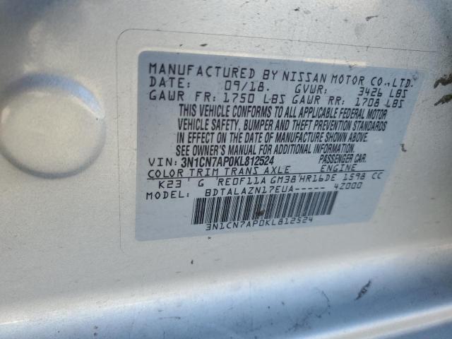 3N1CN7AP0KL812524 - 2019 NISSAN VERSA S SILVER photo 12