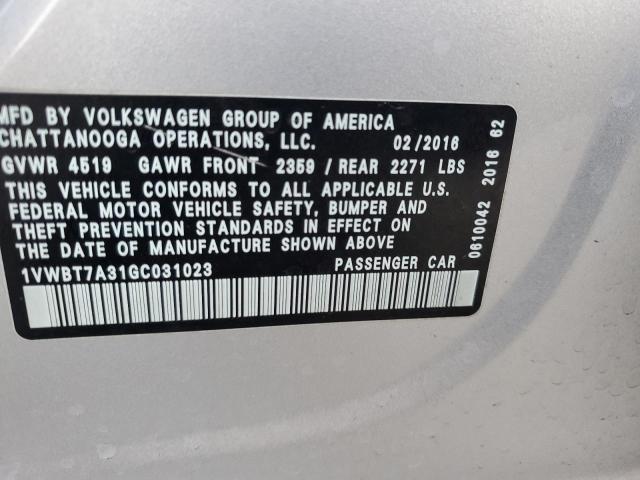 1VWBT7A31GC031023 - 2016 VOLKSWAGEN PASSAT SE SILVER photo 12