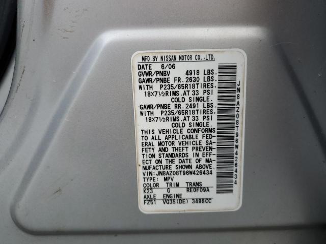 JN8AZ08T96W426434 - 2006 NISSAN MURANO SL SILVER photo 12