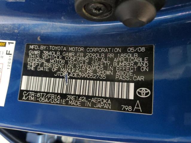 JTDBL40E399052735 - 2009 TOYOTA COROLLA DX BASE BLUE photo 12