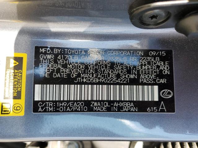 JTHKD5BH9G2254221 - 2016 LEXUS CT 200 GRAY photo 12