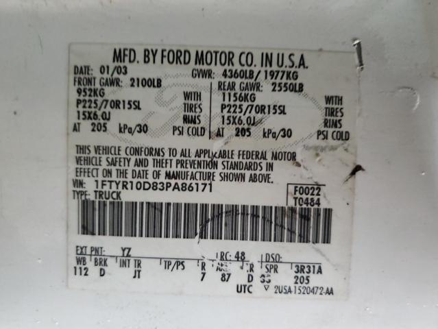 1FTYR10D83PA86171 - 2003 FORD RANGER WHITE photo 12