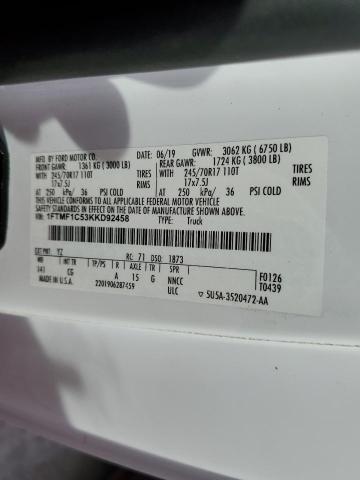 1FTMF1C53KKD92458 - 2019 FORD F150 Білий фото 13