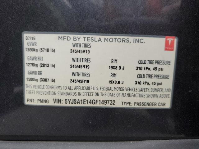 5YJSA1E14GF149732 - 2016 TESLA MODEL S Մոխրագույն լուսանկար 12